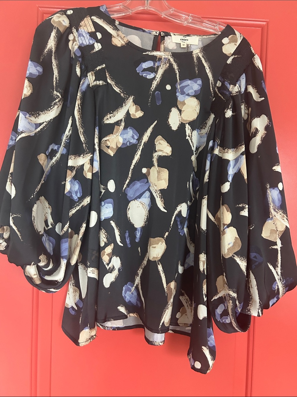 entro Gray Blouse with Lavender and Tan Abstract Brushprint